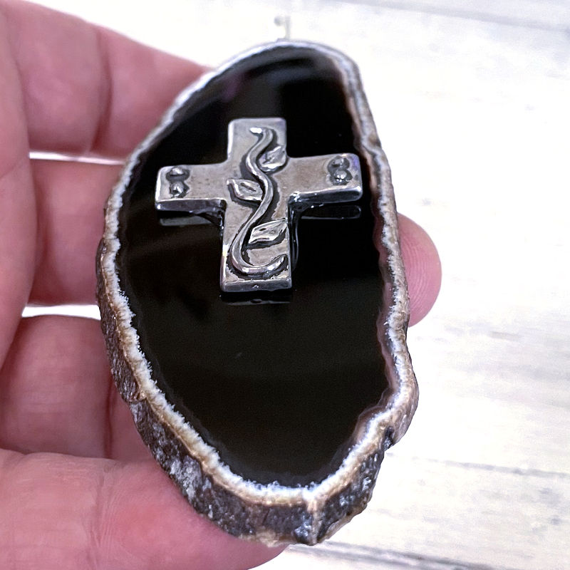 Thumbnail: Large Black Agate Slice Pendant With Cross Trendy Christian Jewelry