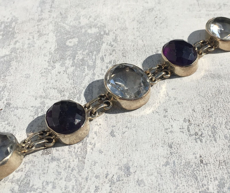 Thumbnail: Vintage Chunky Bracelet White Topaz and Purple Amethyst Silver Jewelry