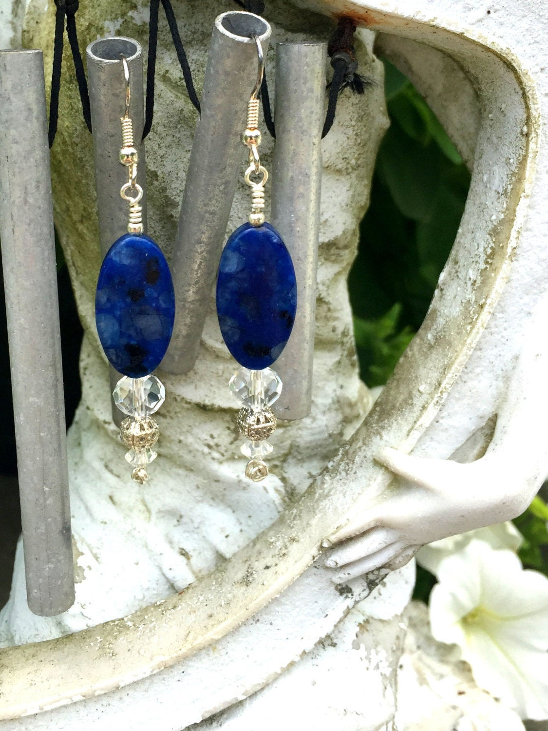 Elegant  Gemstone Drop Earrngs with Hand Knotted and Wire Wrapped Lapis Lazuli