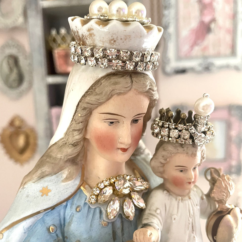 Thumbnail: 16" Vintage Madonna & Child Statue Crown & Rhinestones Locket French Pastel Blue