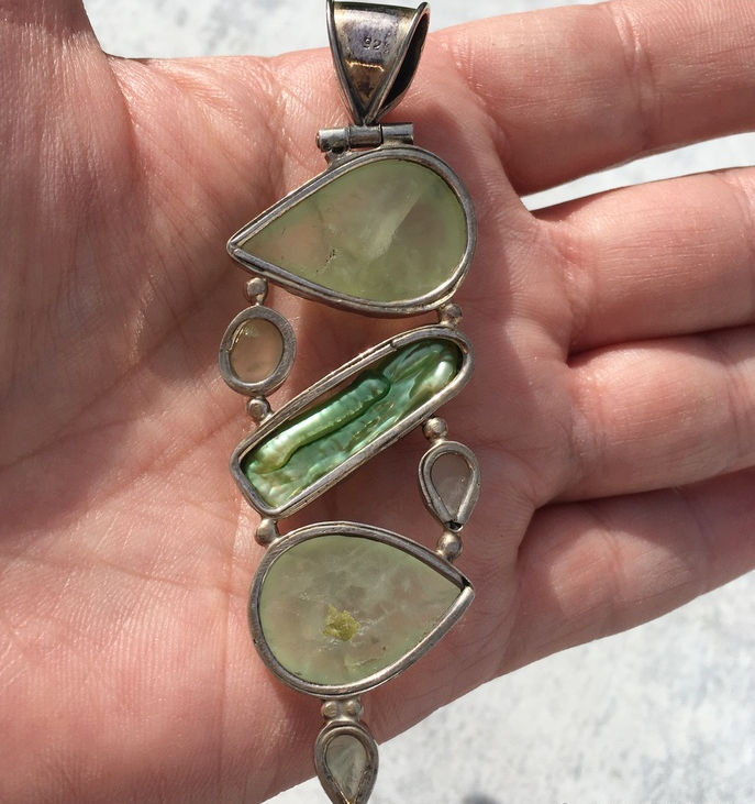 Thumbnail: Long Prehnite Pendant, Archangel Raphael, Sterling Silver Statement Jewelry