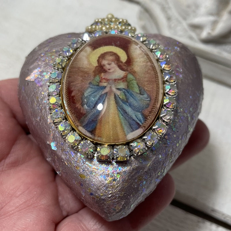 Thumbnail: Vintage Lavender Angel Glitter Ornament Rhinestone Cameo Christmas Decor