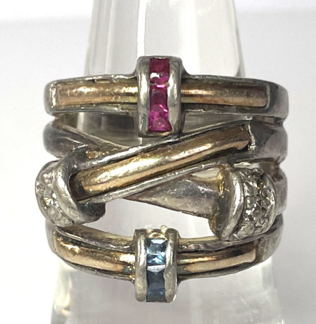 Thumbnail: Vintage Wide Band Ring, Ruby Sapphire, Solid 14k Gold and Sterling Jewelry