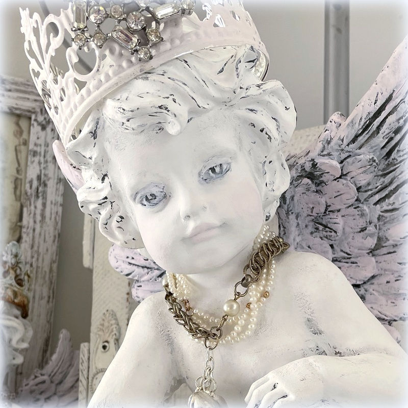 Thumbnail: Shabby French Cherub with Rhinestone Crown Birds Statue, Angel w/ Pink Wings
