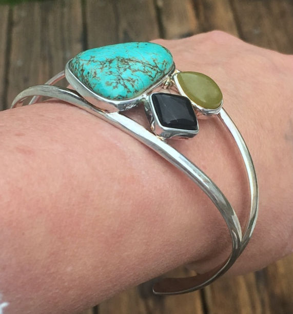 Thumbnail: Vintage Turquoise Sterling Cuff Bracelet with Onyx & Jade, Silver Jewelry