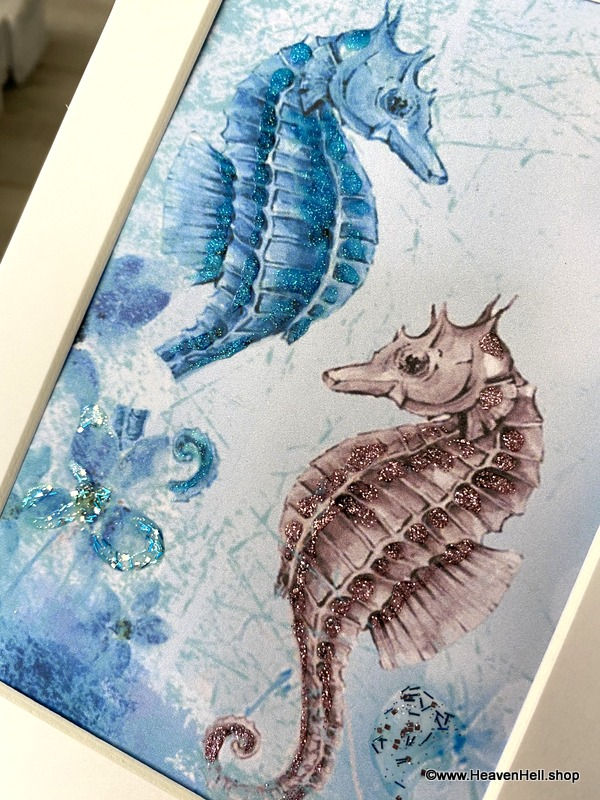 Thumbnail: 5x7 Beachy Wall Art Blue Pink Seahorse Glitter Print Bathroom Artwork