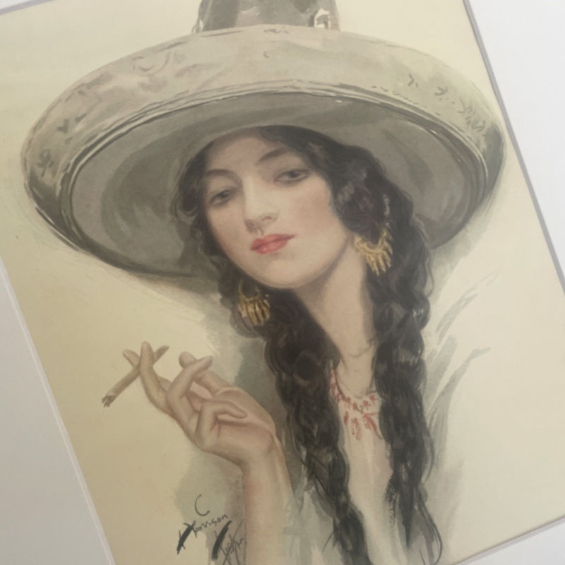 Thumbnail: Rare Vintage Harrison Fisher Art Print Southwestern Woman in Sombrero & Braids