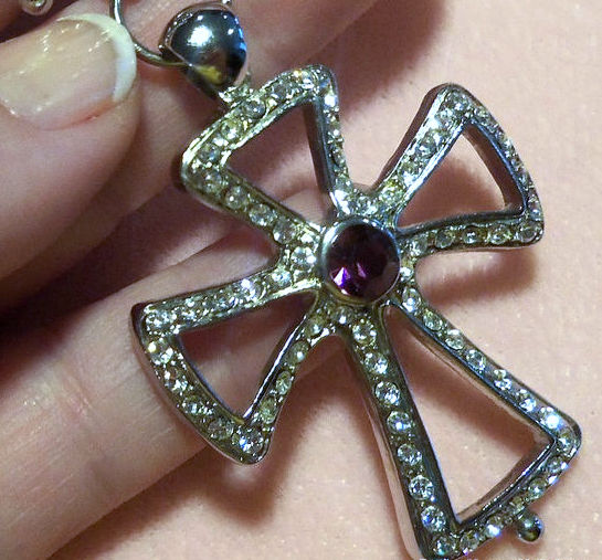Thumbnail: Large Vintage Rhinestone Cross Necklace Wide Chunky Chain Religious Jewelry