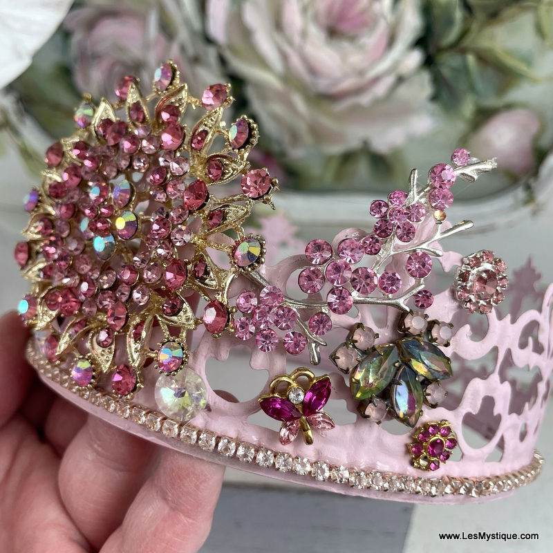 Thumbnail: Shabby Pink Butterfly Rhinestone Crown French Cottage Statue Crown XL