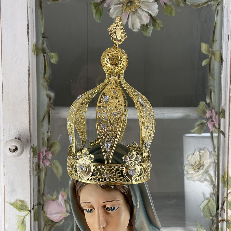 Thumbnail: Gold Jeweled Crown Clear Rhinestones Filigree Fatima Infant of Prague Statue