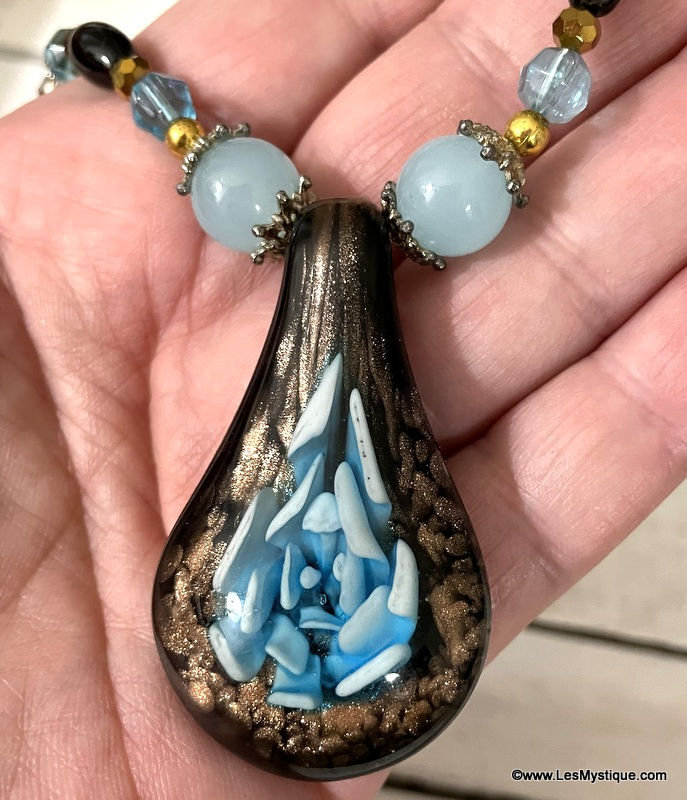 Thumbnail: Dichroic Glass Glitter Necklace Focal, Black Agate and Angel Blue beads