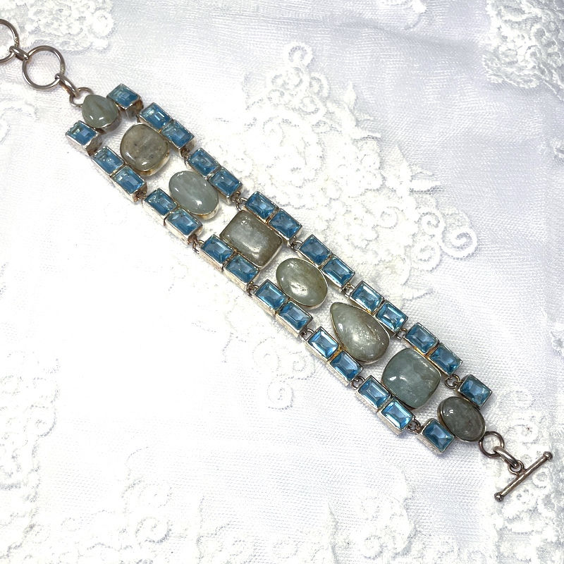 Thumbnail: Artistic Black Moonstone Bracelet, Blue Topaz, Statement Art Jewelry, Vintage