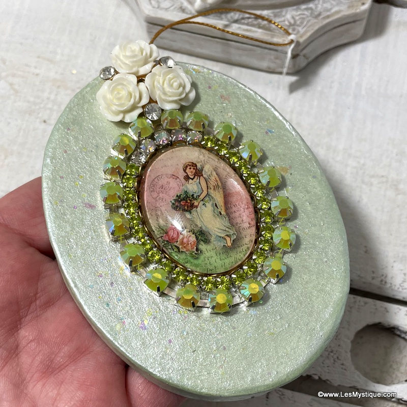 Thumbnail: Shabby Rhinestone Glitter Christmas Ornament Pink Angel Cameo White Roses