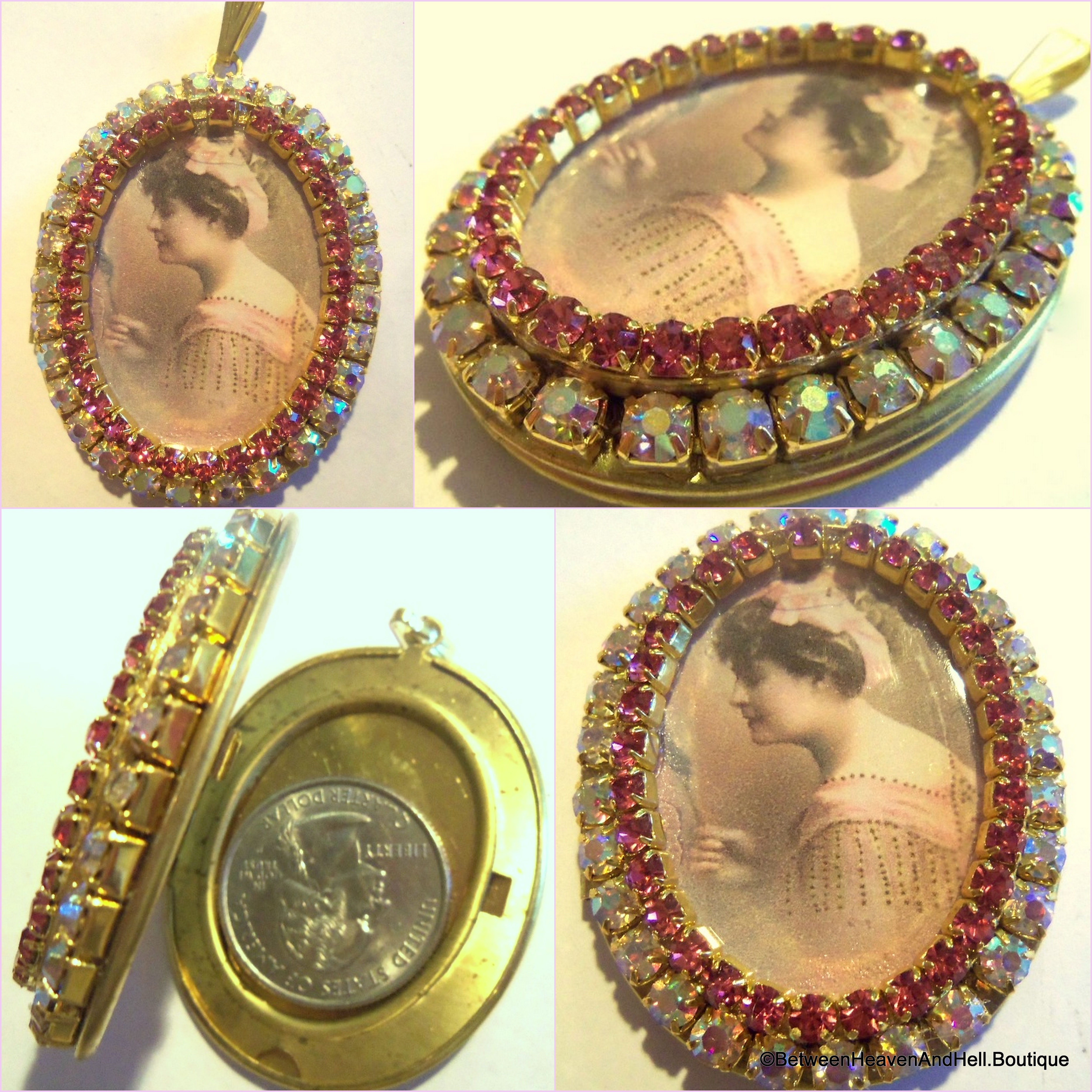 Jewelry: Edwardian Woman Pink Rhinestone Locket Pendant