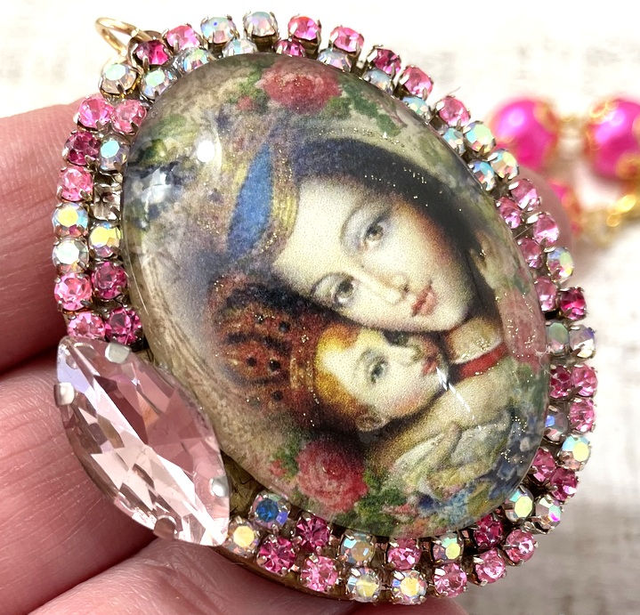 Thumbnail: Madonna & Child Locket, Glitter Cameo Pendant, Prayer Beads, Catholic Jewelry