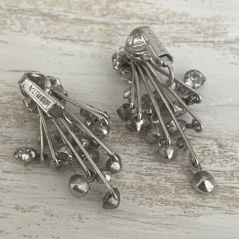 Thumbnail: Vintage Costume Jewelry, Rhinestone Dangle  Earrings, Clip On, Silver tone