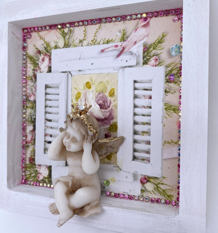 Thumbnail: 3D Shabby Art Decor Wood Frame Tabletop Rhinestone Spring Cherub, Pink & White