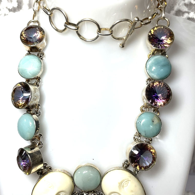 Thumbnail: Vintage Silver Triple Goddess Necklace, Carved, Blue Chalcedony, Mystic Topaz