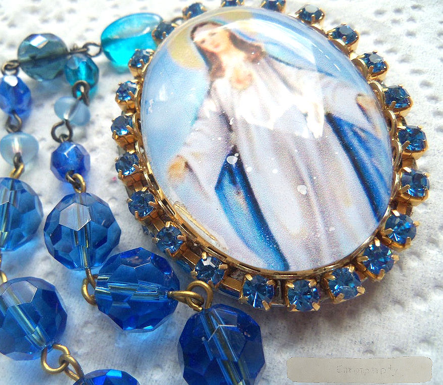 Thumbnail: Vintage Blue rhinestone Our Lady Of Peace Virgin Mary Prayer Beads Cameo Locket