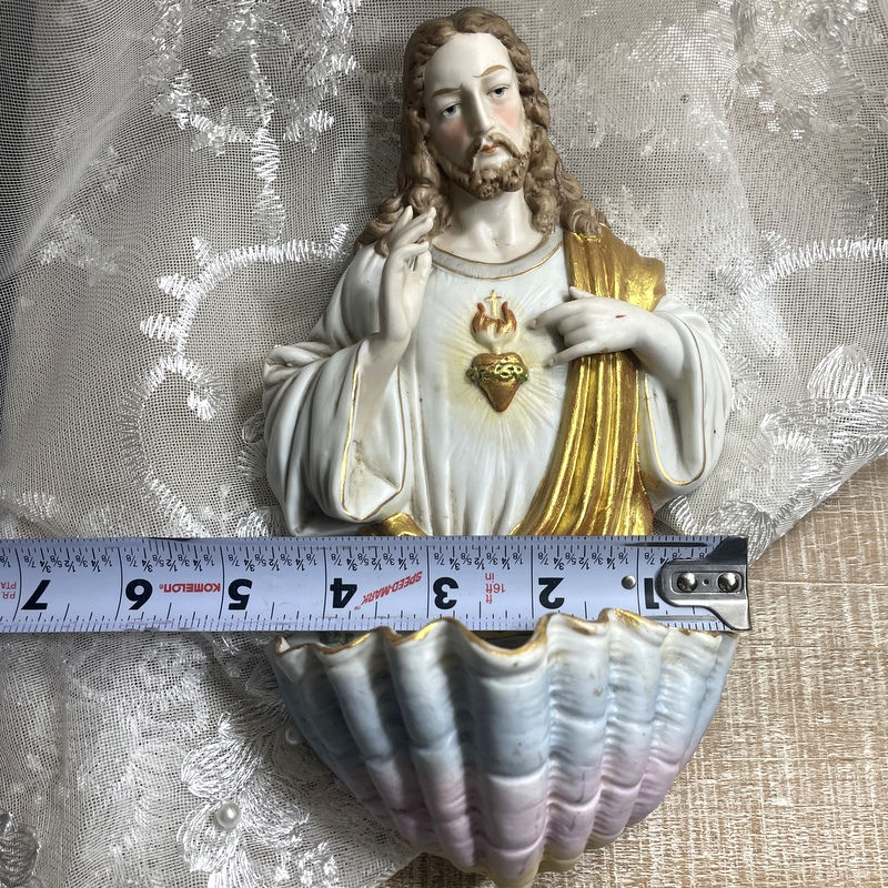 Thumbnail: Vintage Catholic Statue Sacred Heart of Jesus Holy Water Font Wall Hanging Decor
