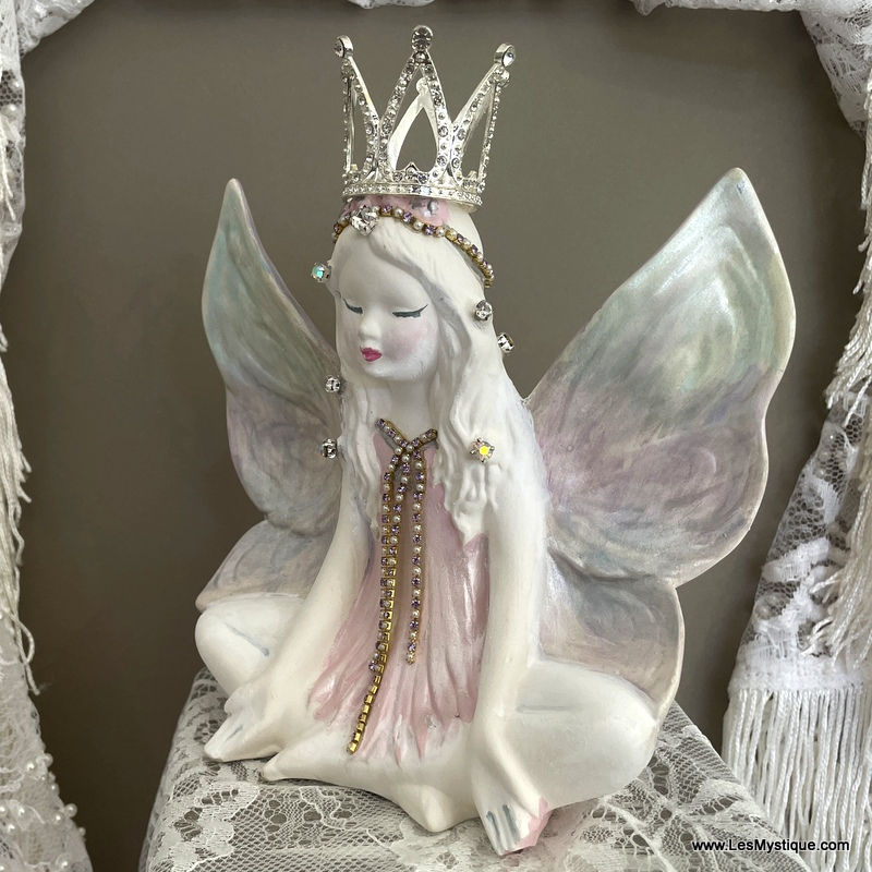 Thumbnail: Meditating Fairy Statue w/ Rhinestone Crown - Plaster Sculpture Watercolor Wings