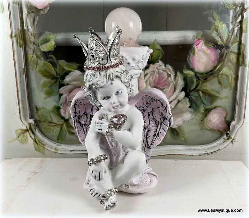 Thumbnail: Love Energy Cherub Statue Shabby Chic, Rose Quartz Sphere, Pink Rhinestone Crown