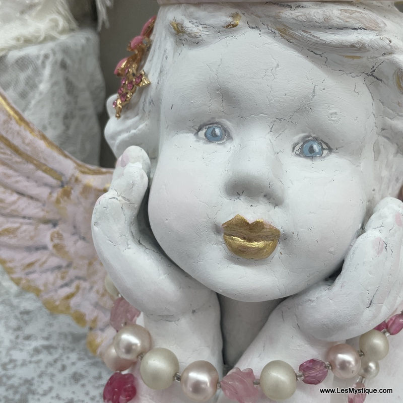 Thumbnail: Shabby Crowned Cherub Statue, Pink Rhinestone Crown, Whimsical Distressed Angel