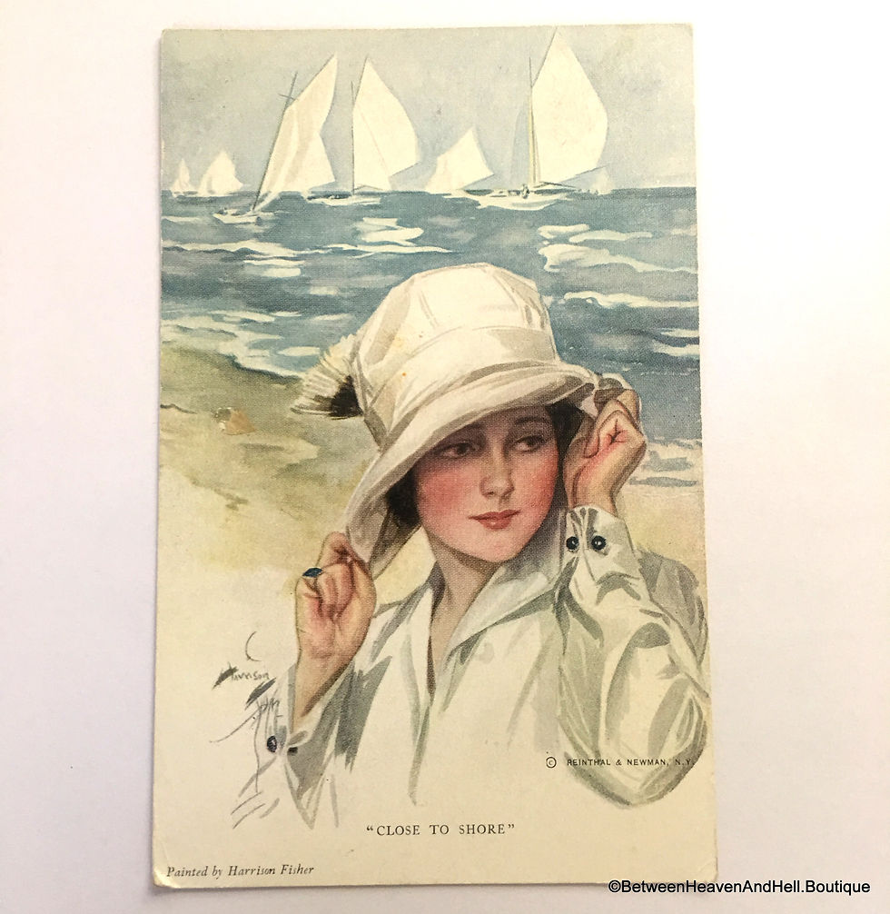 Vintage Harrison Fisher Postcard Close to Shore Art Deco Lady Beach Sailboats