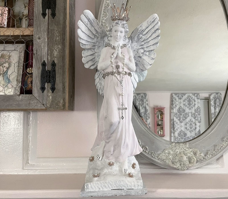 Thumbnail: Large Shabby Praying Angel Statue, Pink, Silver, Rhinestone Crown, Rose Gold