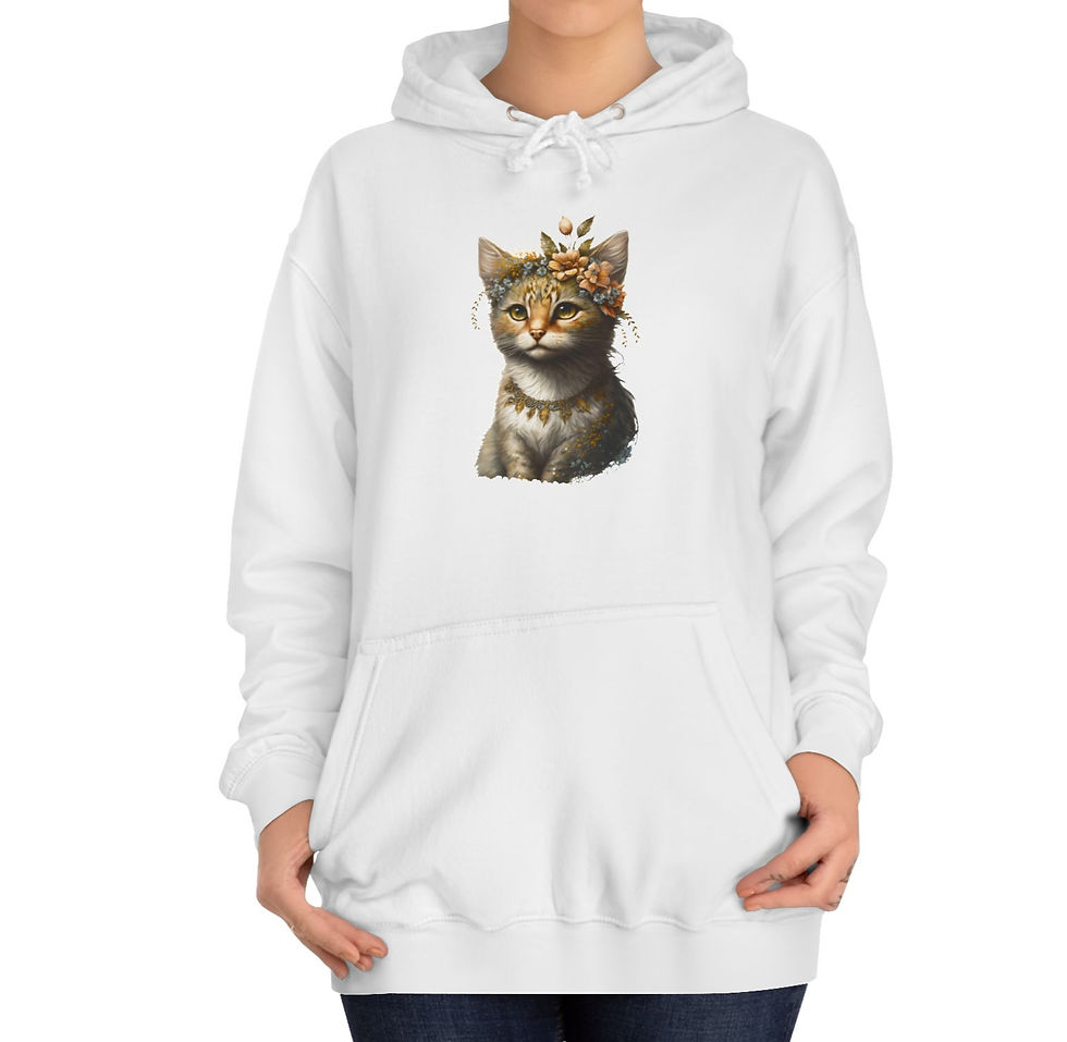 Boho Cat Hoodie Cozy Kitten w/ Feathers Art Sweatshirt w/Pockets Cat Lover Gift