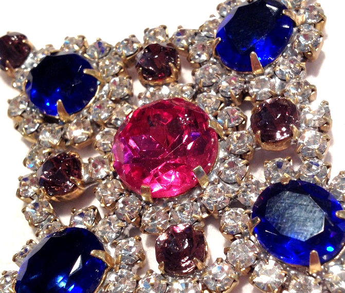 Thumbnail: Huge Blue Pink Glass Rhinestone Cross Pendant, Christian Religious Jewelry