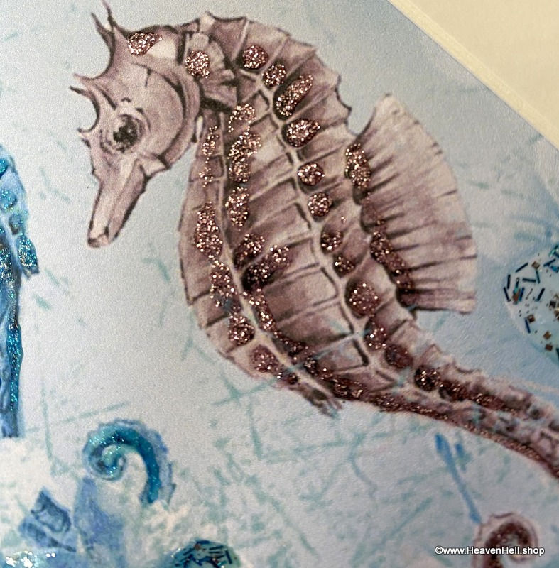 Thumbnail: 5x7 Beachy Wall Art Blue Pink Seahorse Glitter Print Bathroom Artwork