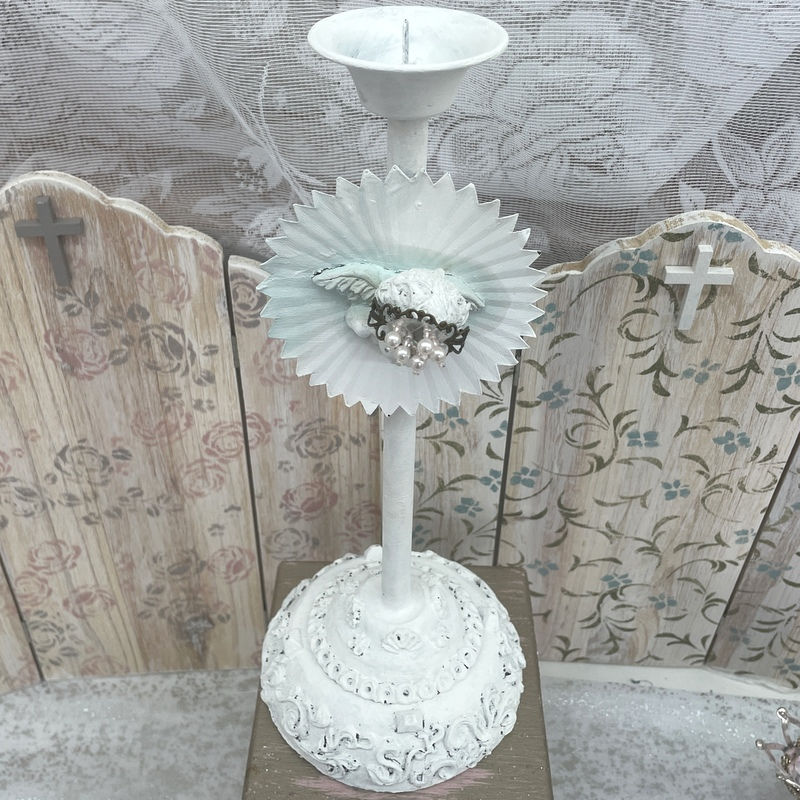 Thumbnail: Vintage Shabby White Cherub Candle Stick, Crowned Angel Taper Candleholder