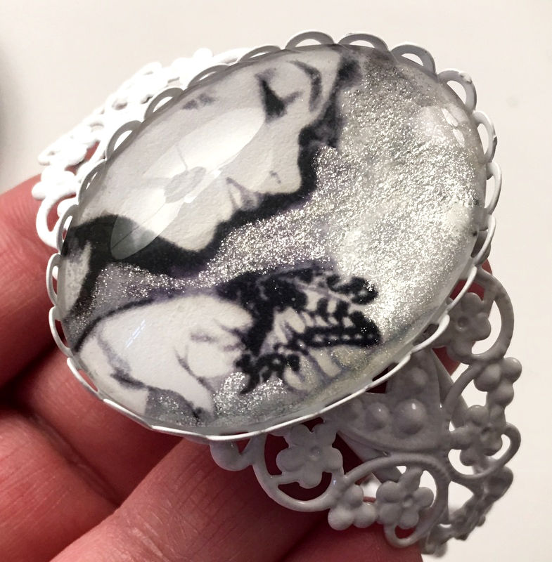 Thumbnail: Wearable Art Jewelry, White Cuff Bracelet, Glitter Cameo, Woman w/ Butterfly