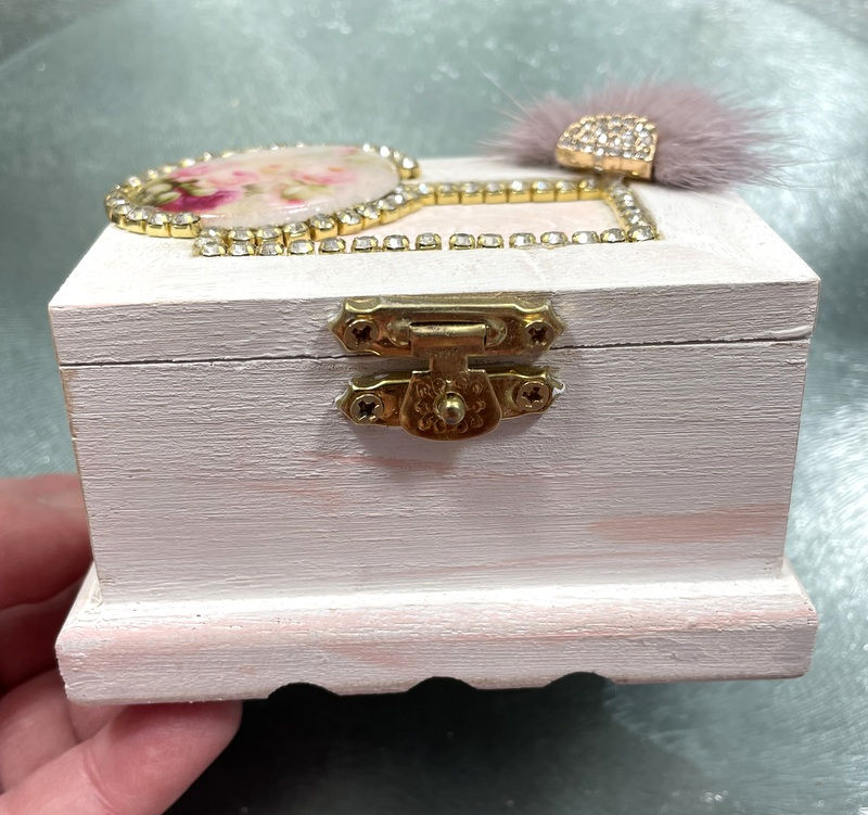 Thumbnail: Shabby Pink & White Rhinestone Jewelry Box Wooden Tabletop Decor Cottage Chic