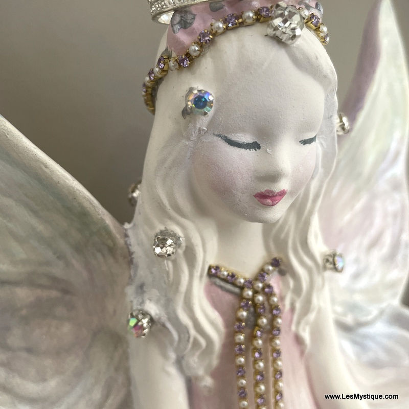 Thumbnail: Meditating Fairy Statue w/ Rhinestone Crown - Plaster Sculpture Watercolor Wings