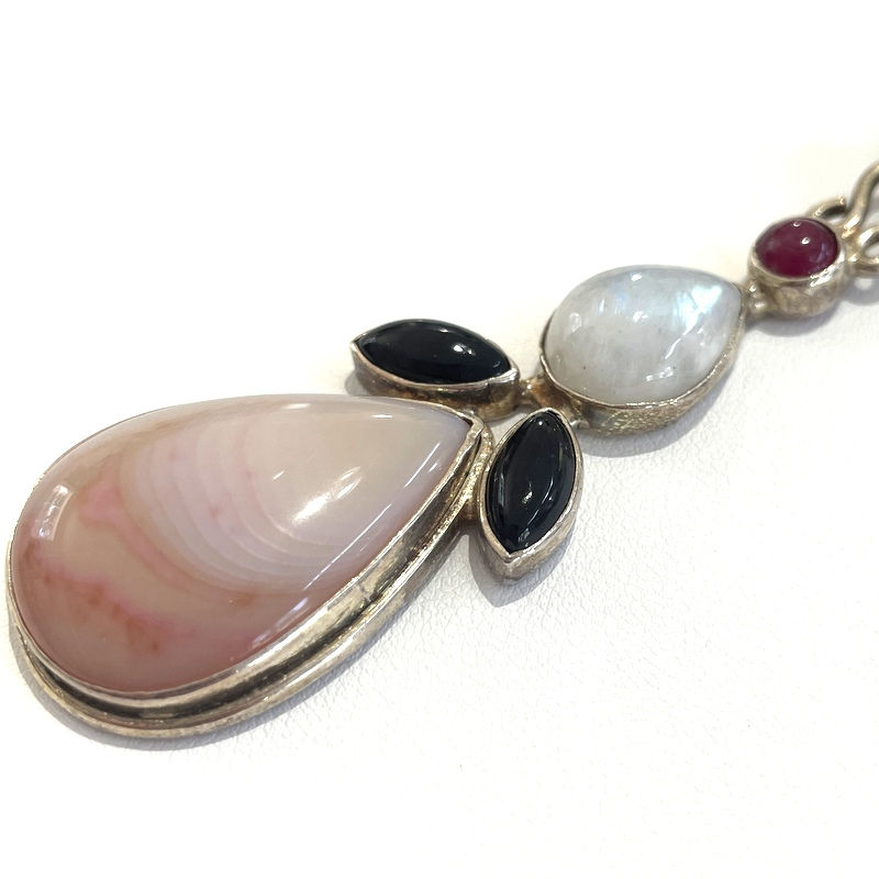Thumbnail: Moonstone and Pink Agate Pendant, Ruby, Onyx, Vintage Sterling Silver Jewelry