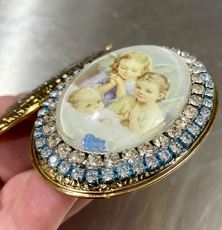 Thumbnail: Rhinestone Baby Boy Locket, Guardian Angel Pendant, Glitter Cameo Ornament