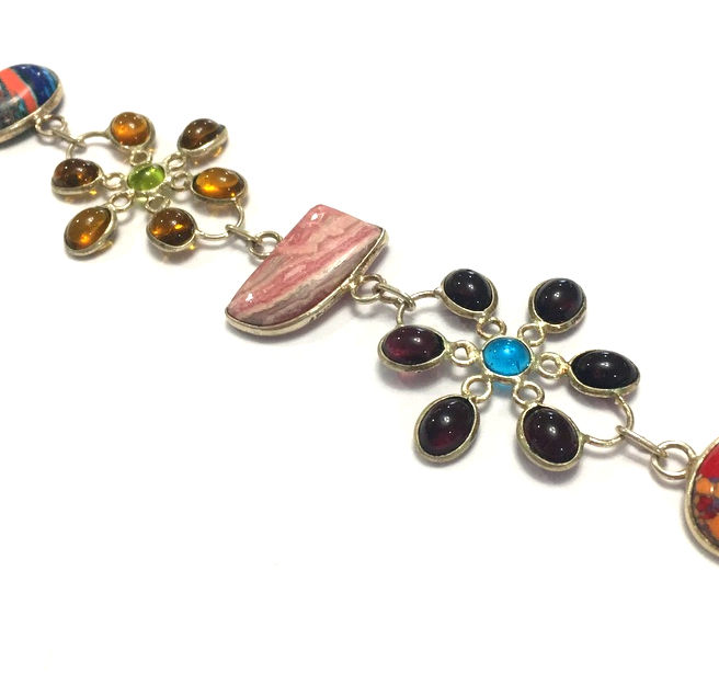 Thumbnail: Vintage Gemstone Daisy Bracelet BOHO Rhodochrosite Citrine Silver Art Jewelry