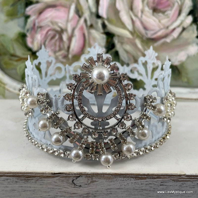 Thumbnail: Shabby Jeweled Crown French Blue Rhinestone Crown with Pearls