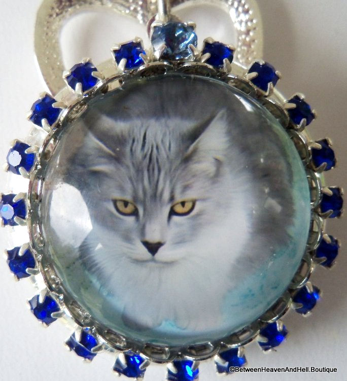 Thumbnail: Rhinestone Cat Locket, Heart Charm, Round Cameo Necklace, Vintage Pet Jewelry