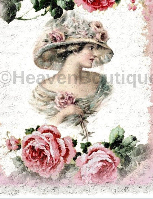 Thumbnail: Shabby Edwardian Woman Print Pink Roses Romantic Art Cottage Décor