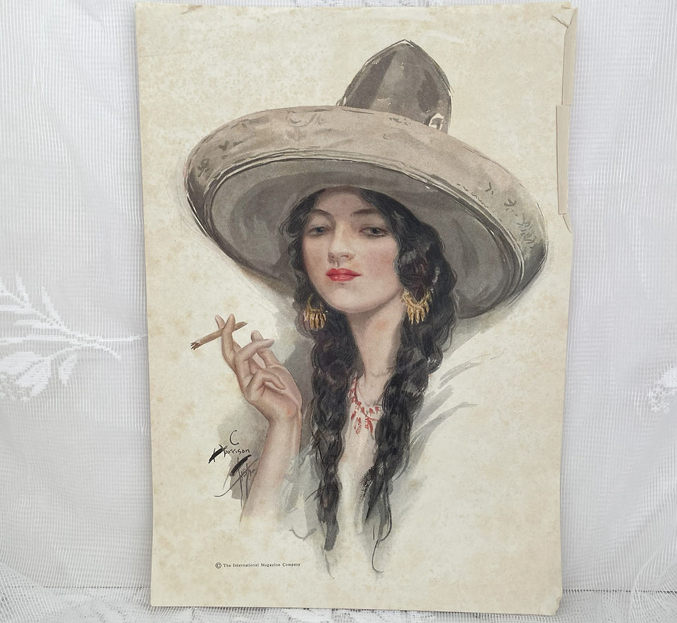 Thumbnail: Rare Vintage Harrison Fisher Print Southwestern Woman in Sombrero Smoking