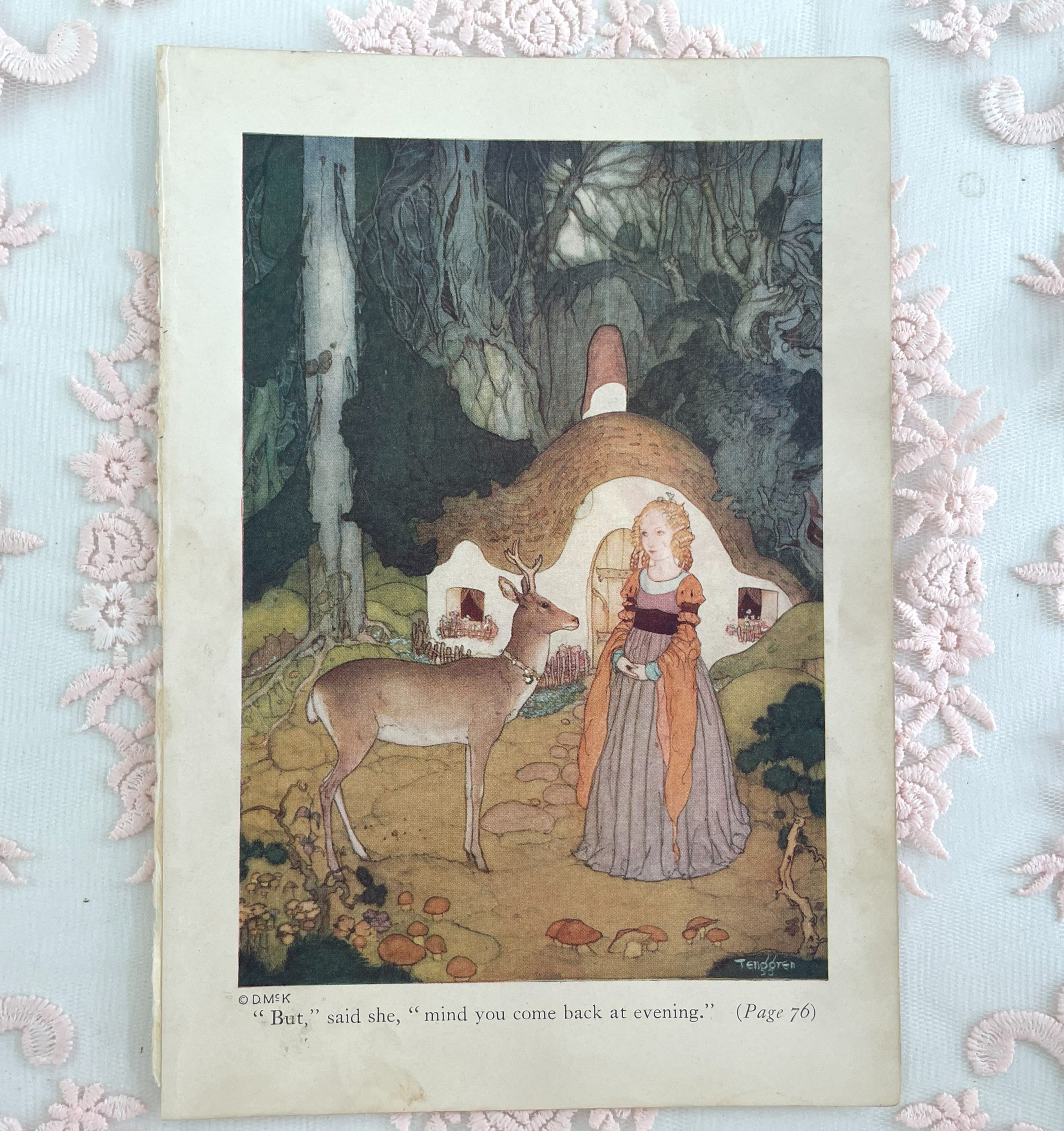 Vintage Gustaf Tenggren Art Print, Woman and Deer Vintage Illus