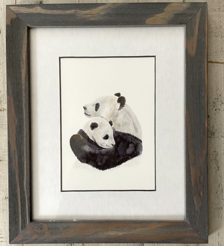 Nursery Art Watercolor Panda Mother and baby Wood Frame Childrens Decor