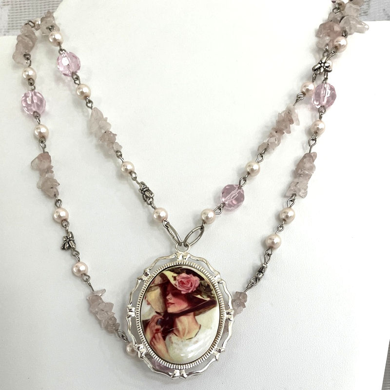 Thumbnail: Artistic Harrison Fisher Cameo Necklace Rose Quartz, Edwardian Woman Art Jewelry