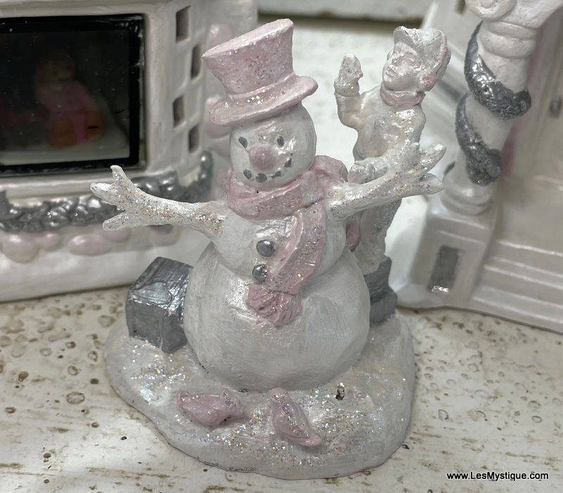 Thumbnail: Sparkling Shabby Pink Christmas Village Snowman with birds Glitter Figurine