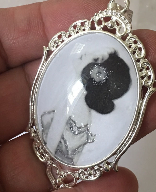 Thumbnail: Wearable Art Jewelry, WISHING, Art Nouveau Woman, glitter Cameo Pendant