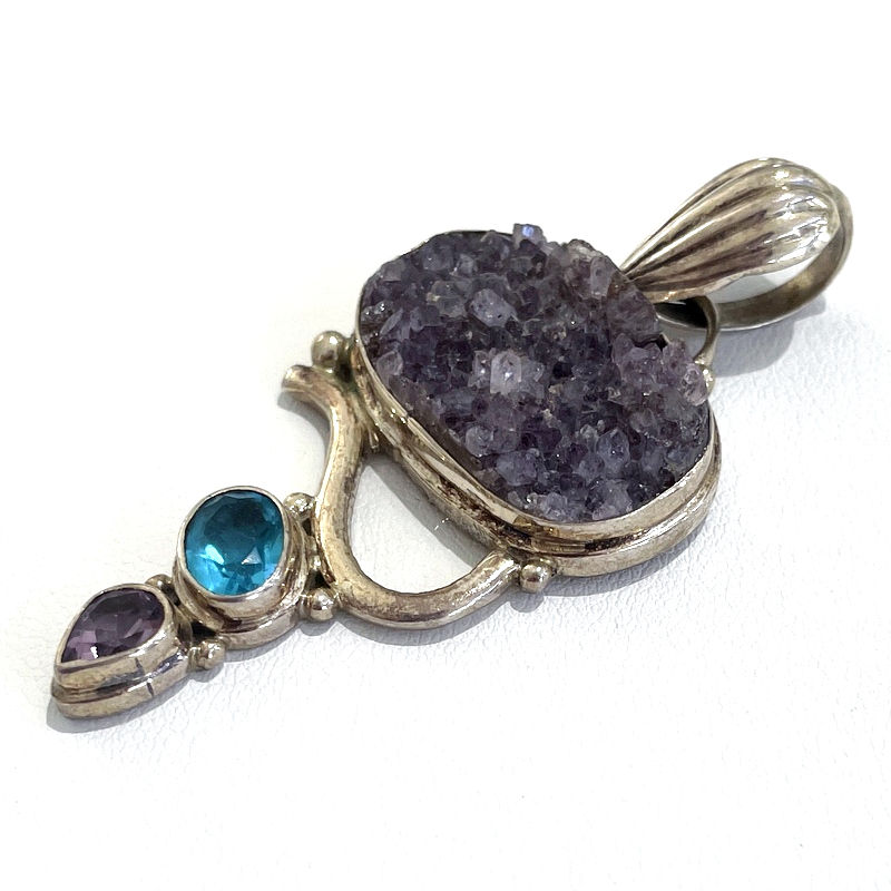 Thumbnail: Artistic Drusy Amethyst Cluster Pendant, Sterling Silver Spiritual Art Jewelry