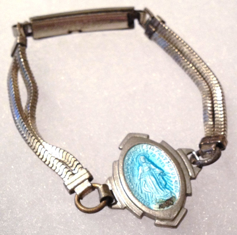 Vintage Small Blue Enamel Miraculous Medal Bracelet, 12k Gf Religious Jewelry